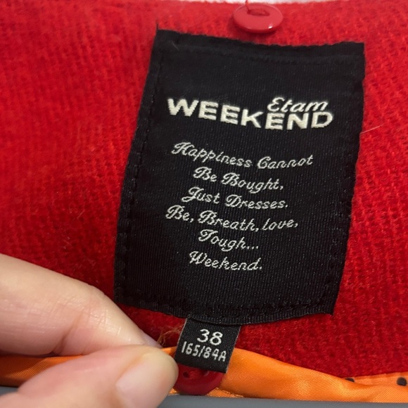 Etam Red Pea Wool Coat with Navy blue and Cream Accents - Picture 5 of 7